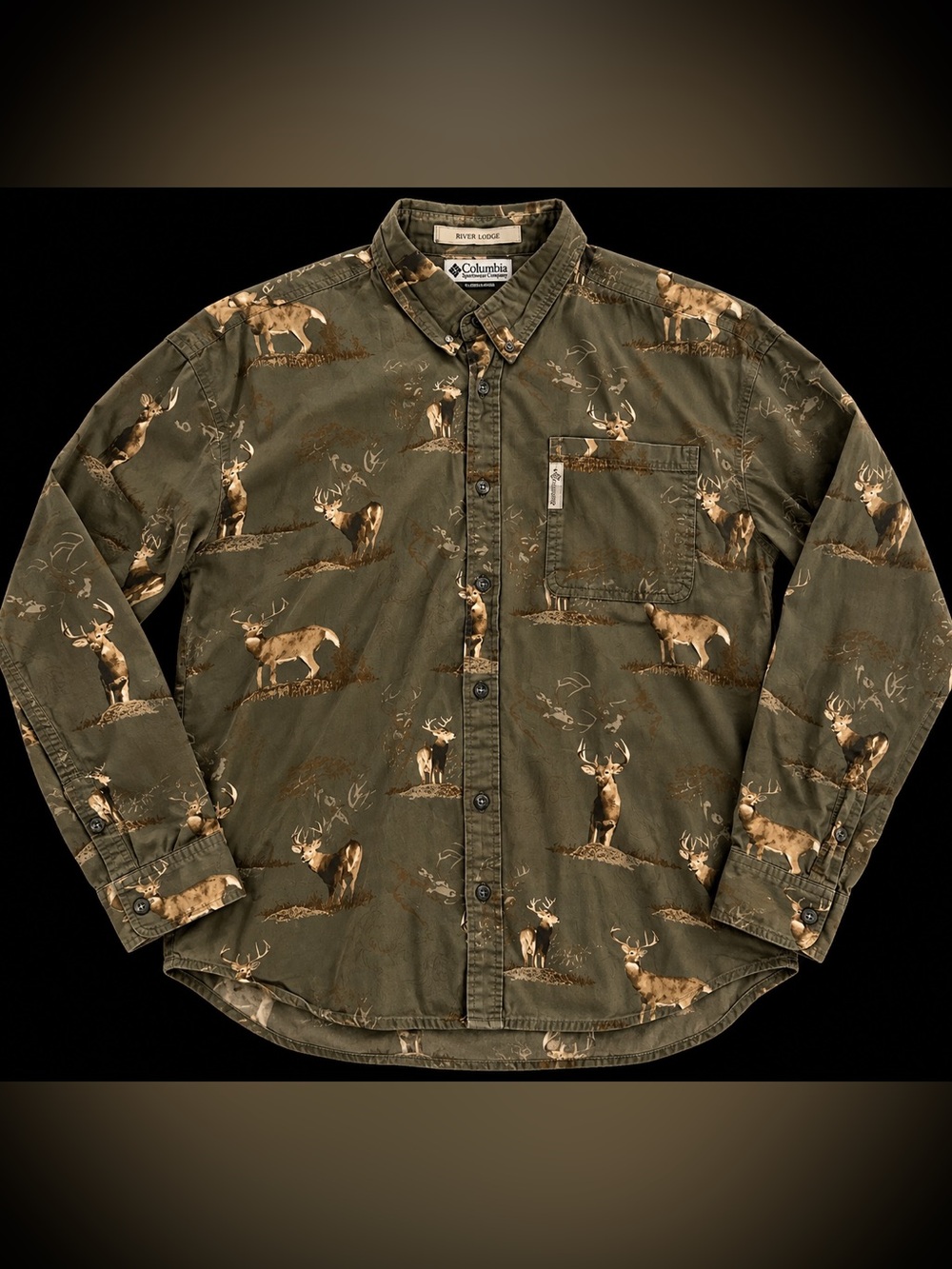 vintage Columbia River Lodge all-over deer print button-down shirt SIZE XXL